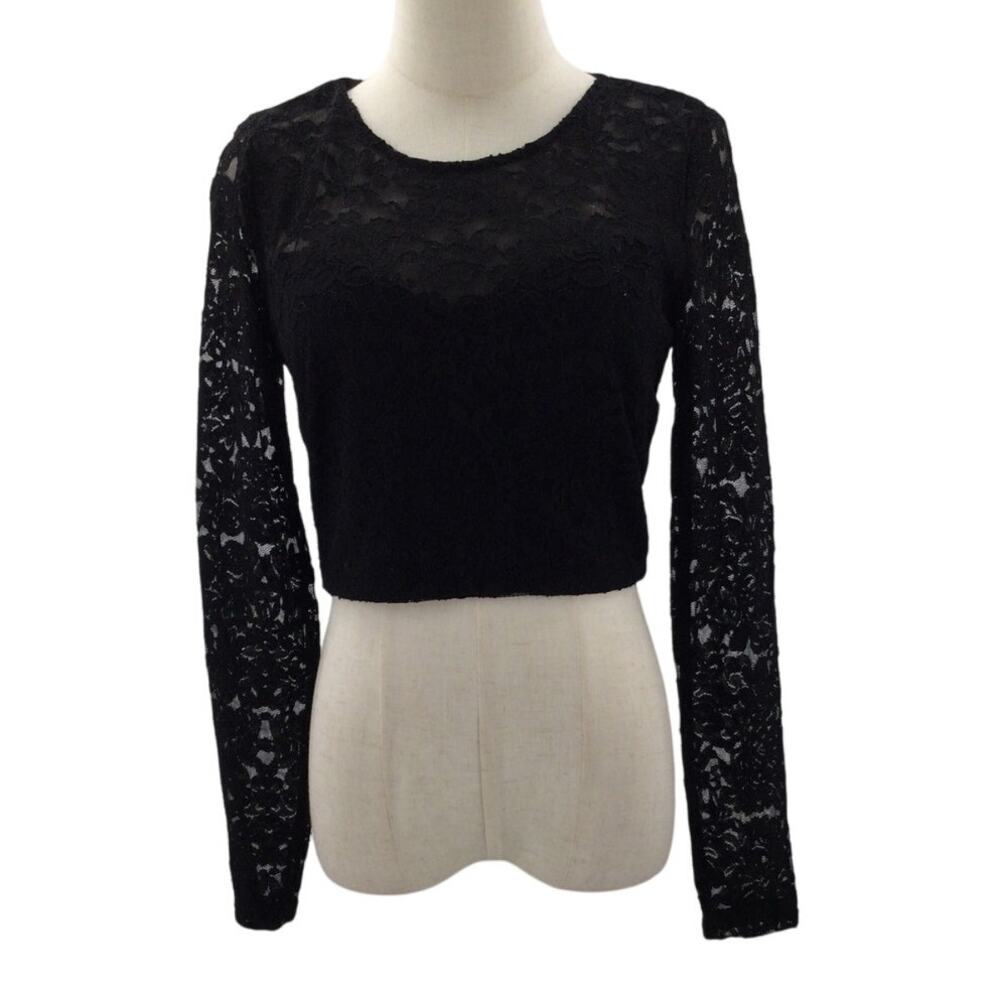 TEEZEME SZ 9/10 black cropped lace long sleeve top blouse NWT B61